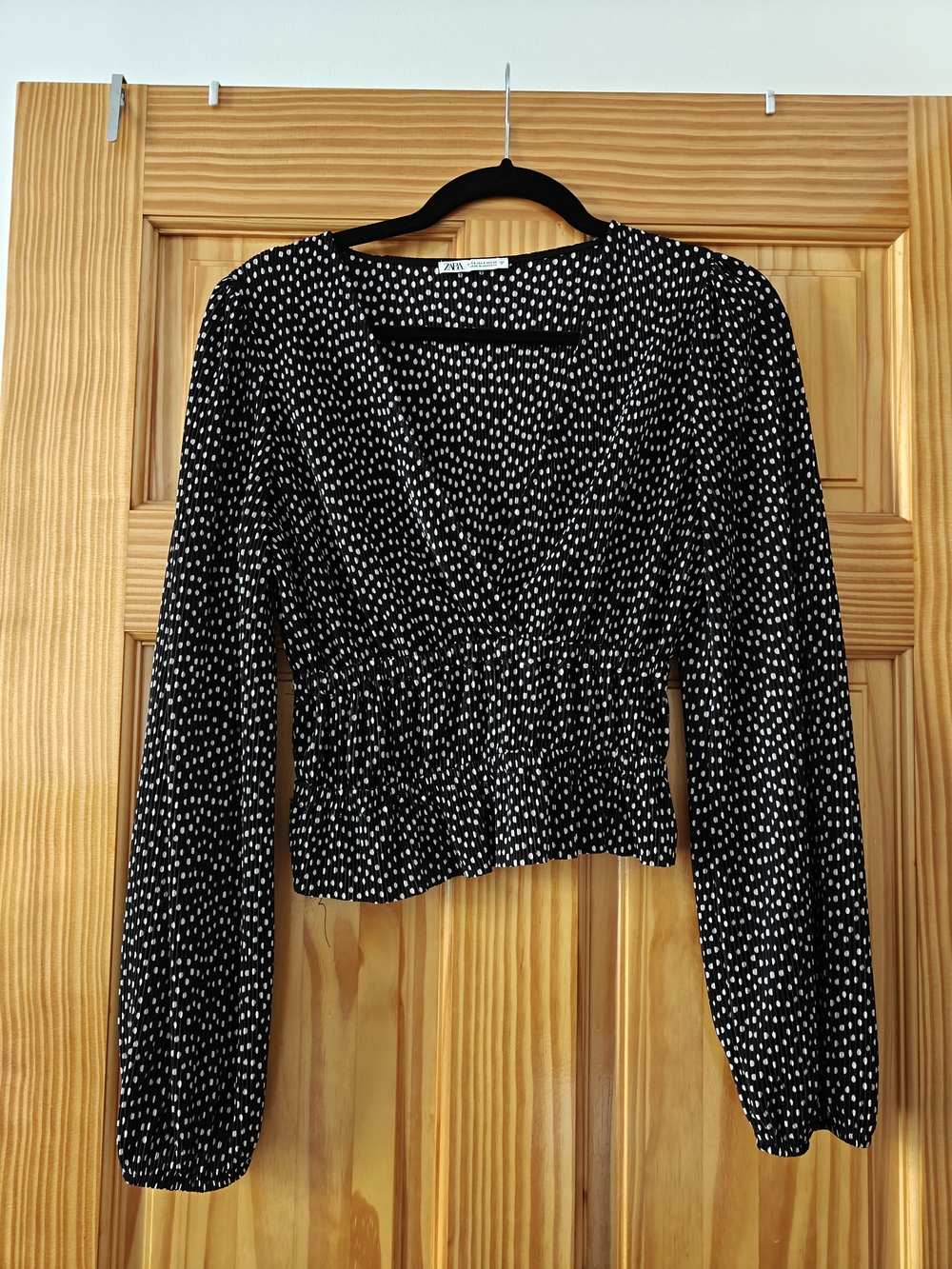 Zara Black and White Polka-Dot V-Neck Smocked Waist Blouse
